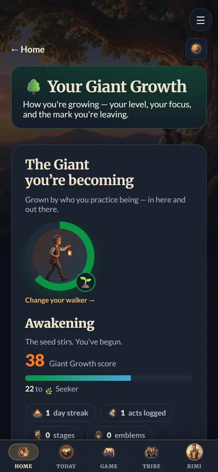 Your Giant Growth: the walker inside a growth ring at the first stage, Small, with a Giant Growth score.