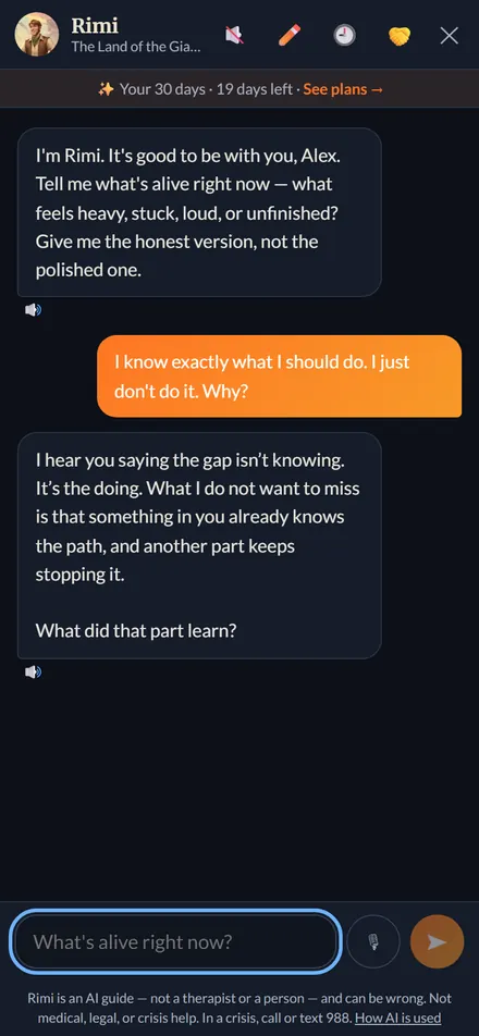 A conversation with Rimi, the Tribe's AI guide, about knowing exactly what to do and still not doing it.