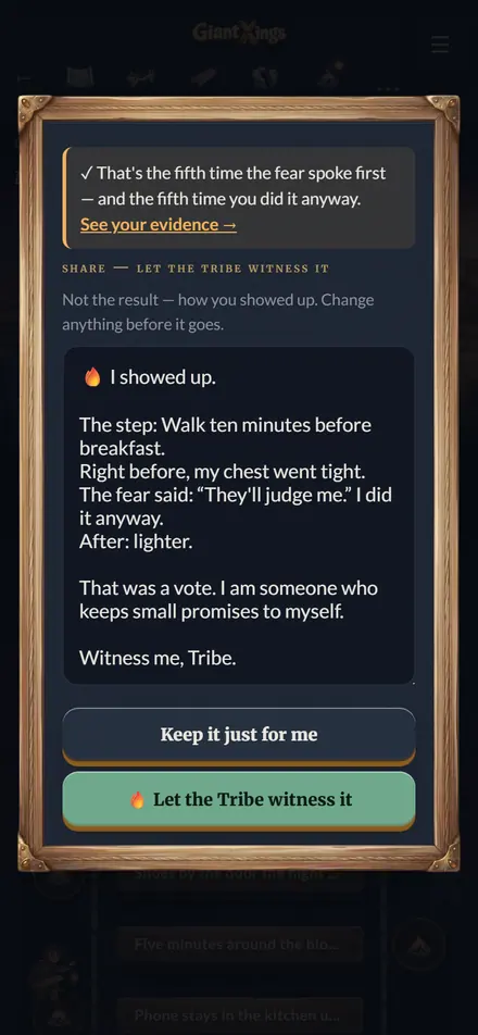 The witness post drafted from the debrief — the step, the tight chest, the fear that spoke, and the vote it was — ready to edit before sharing with the Tribe.