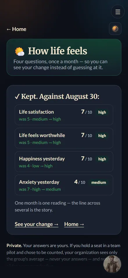 The monthly check read back against last month: life satisfaction from 5 to 7, anxiety yesterday from 7 to 4.