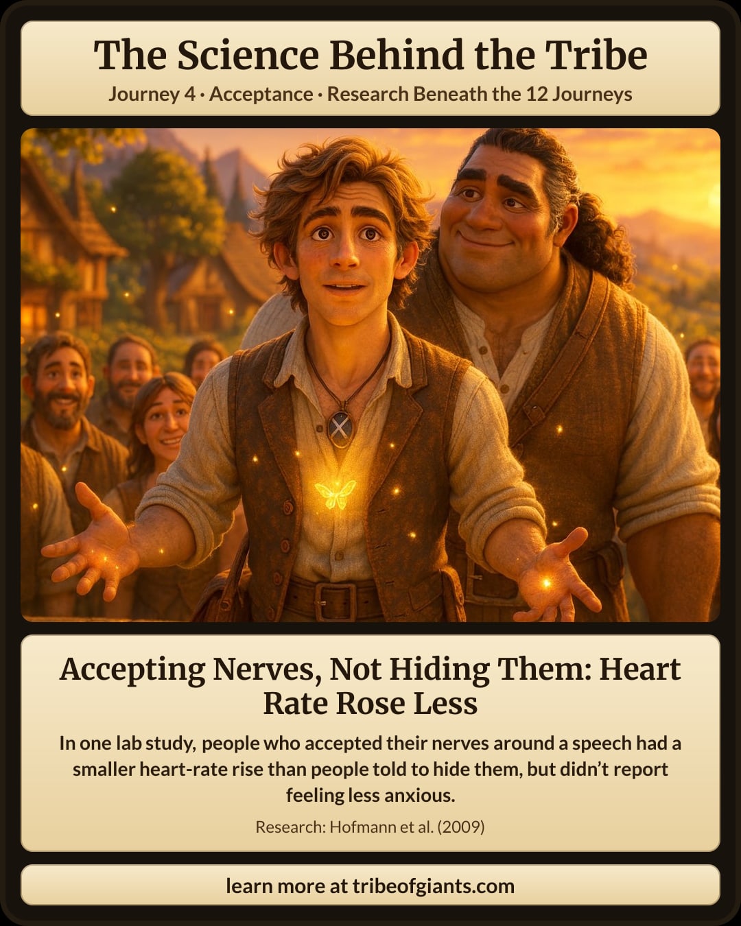 Accepting Nerves, Not Hiding Them: Heart Rate Rose Less. In one lab study, people who accepted their nerves around a speech had a smaller heart-rate rise than people told to hide them, but didn’t report feeling less anxious.