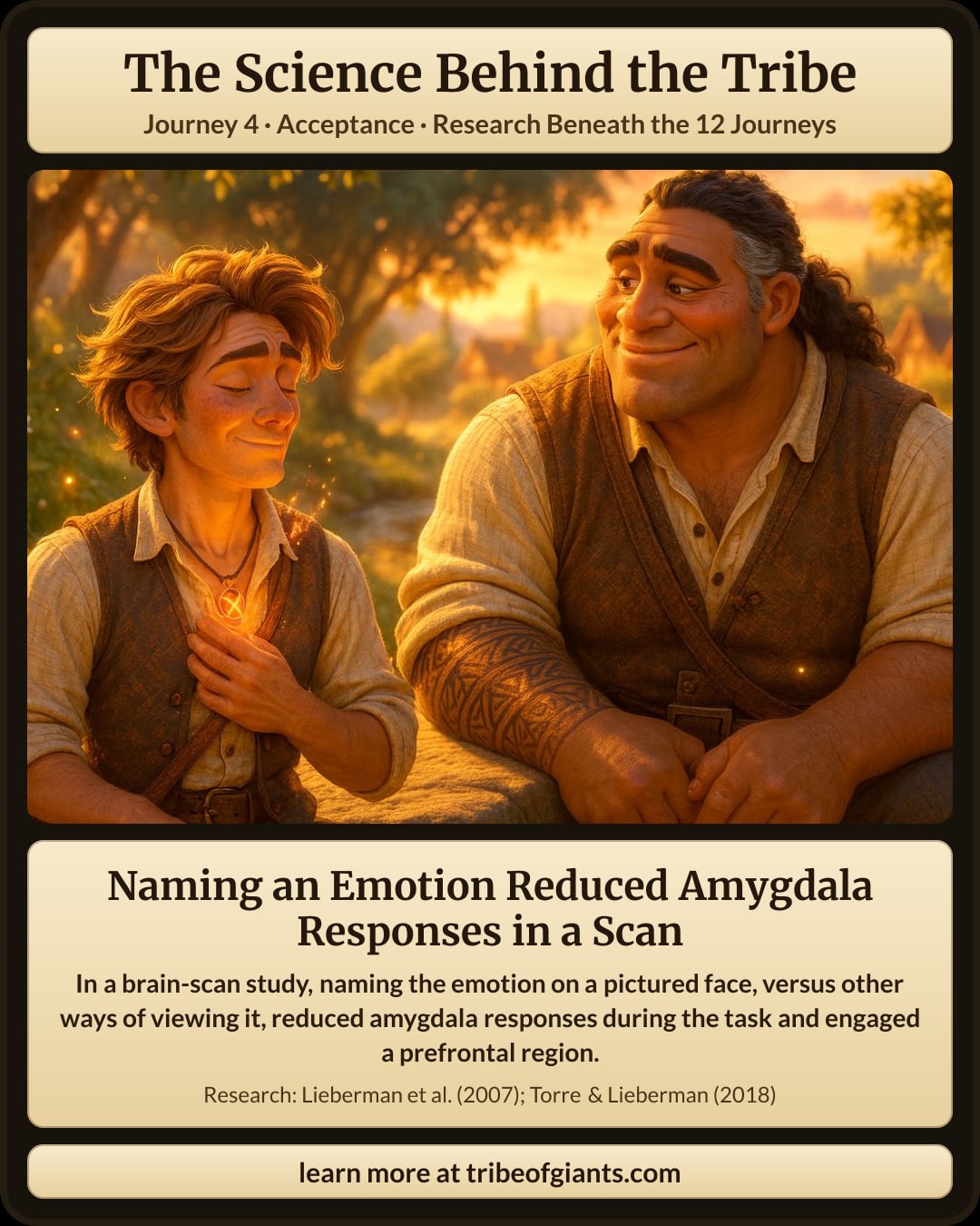 Naming an Emotion Reduced Amygdala Responses in a Scan. In a brain-scan study, naming the emotion on a pictured face, versus other ways of viewing it, reduced amygdala responses during the task and engaged a prefrontal region.