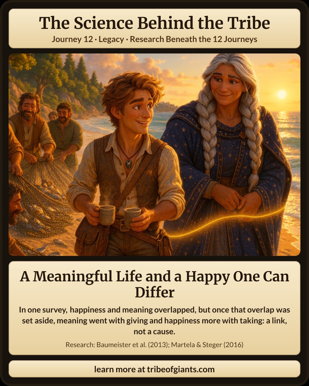 A Meaningful Life and a Happy One Can Differ. In one survey, happiness and meaning overlapped, but once that overlap was set aside, meaning went with giving and happiness more with taking: a link, not a cause.