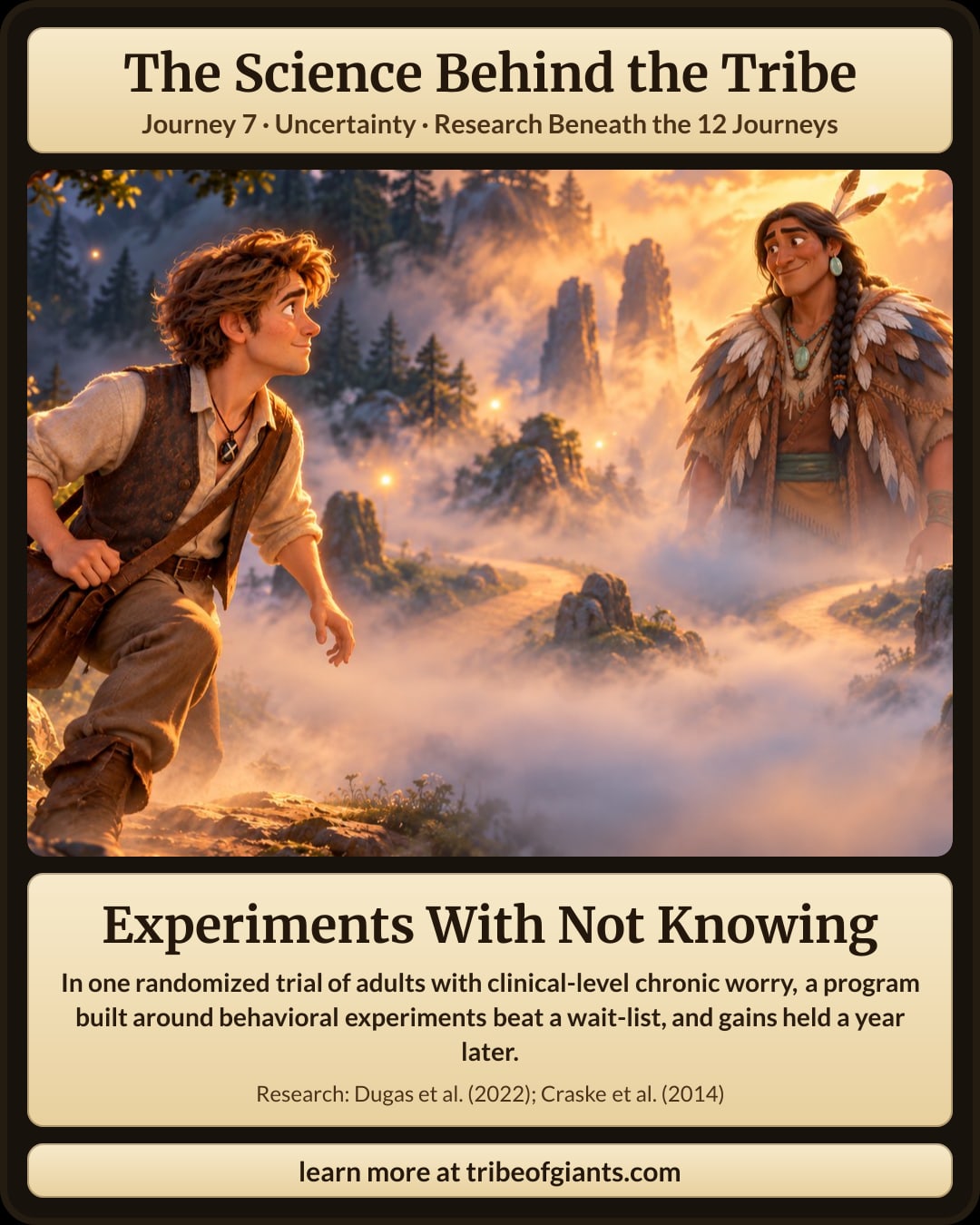 The Science Behind the Tribe: Experiments With Not Knowing. In one randomized trial of adults with clinical-level chronic worry, a program built around behavioral experiments beat a wait-list, and gains held a year later.