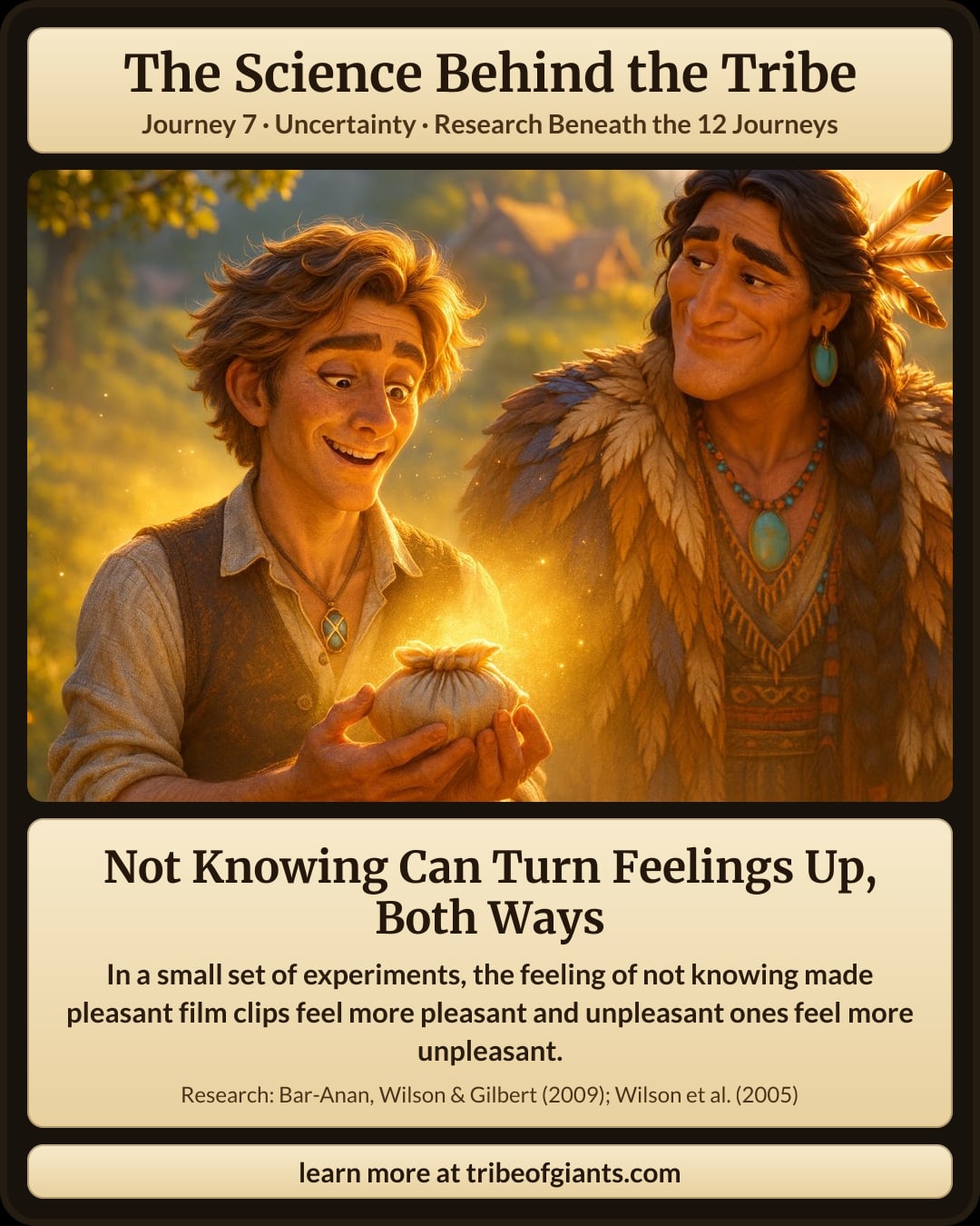 Not Knowing Can Turn Feelings Up, Both Ways. In a small set of experiments, the feeling of not knowing made pleasant film clips feel more pleasant and unpleasant ones feel more unpleasant.